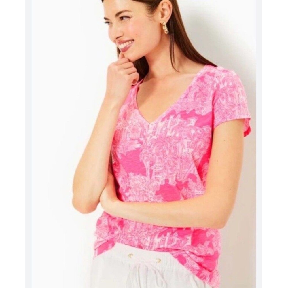 NWOT Lilly Pulitzer Etta V-Neck Top Roxie Pink Palm Toile XXS